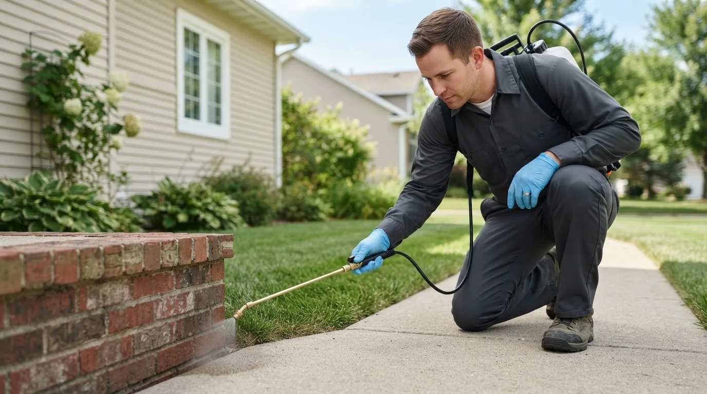 Pest control technician treating a home near Mulberry, KS